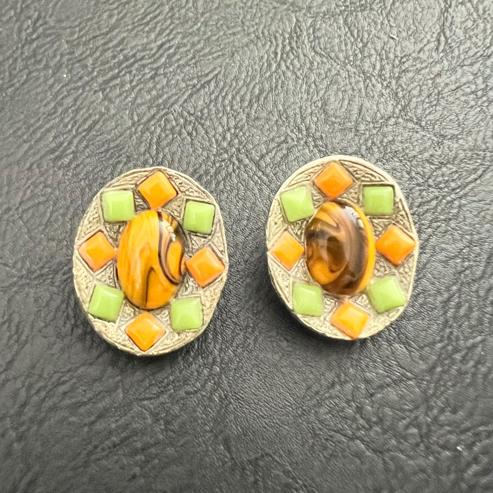 Vintage Japan Silver Tone Orange Green Lucite‎ Clip On Earrings Boho 70s